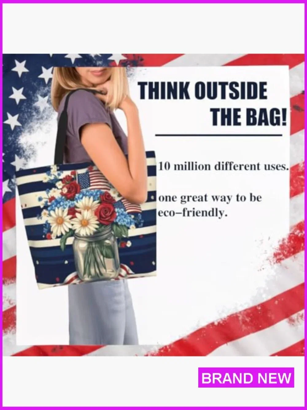 Large Tote Bag With Zipper Reusable Lightweight Patriotic Shopping